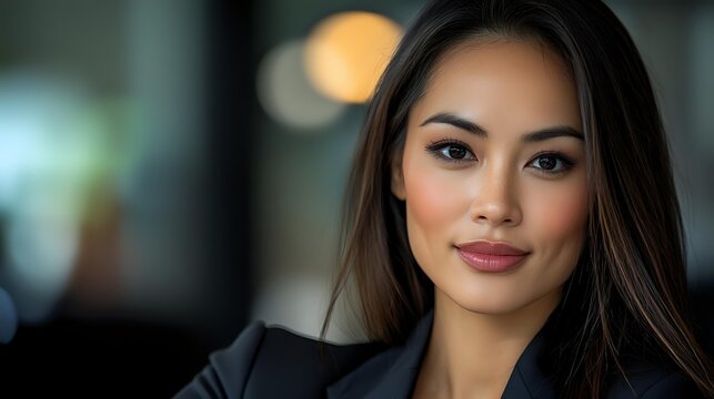 Young Asian businesswoman with long hair and subtle makeup against blurred background, conveying confidence and professionalism for corporate portraits.