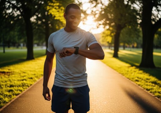 Man Checking Fitness Tracker During Outdoor Workout in Park.
