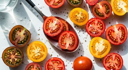 Vibrant top-down view of colorful heirloom cherry tomatoes, sliced in half and seasoned with salt and pepper, with some arranged on a spoon on a bright, sunlit surface
