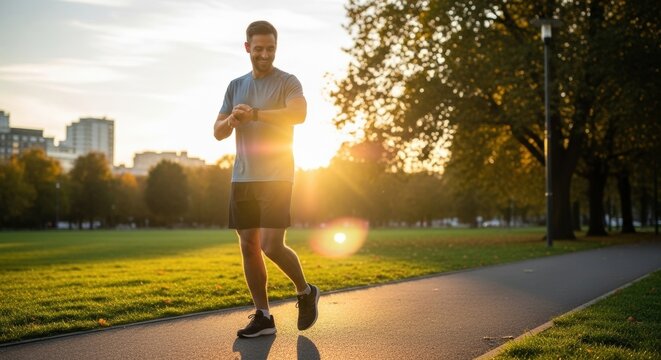 Man Running in Park at Sunset Checking Smartwatch.