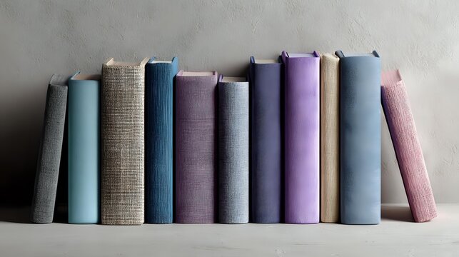 Row of hardcover books in pastel colors - blue, purple, beige, and pink - standing against neutral wall, creating serene minimalist library display.