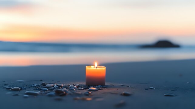 Glowing candle on sandy beach at sunset, creating peaceful ambiance with ocean waves and colorful sky in background.