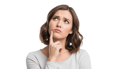 Thoughtful young woman with medium-length brown hair looking up and to the left with a concerned, contemplative expression, touching her chin with her finger, isolated on a pure white background