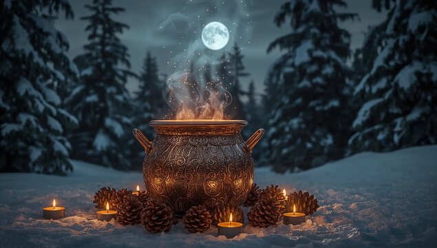 Mystical cauldron in winter forest under full moon with candles, pinecones, and rising steam in snowy night scene