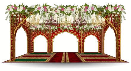 Red and Gold Floral Mandap: Illustrates an indian wedding scene. For wedding posters, branding, and social media visuals.