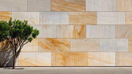 Green tree beside a modern architectural wall made of large, varied natural stone panels in beige and orange, with tiled ground.