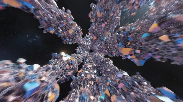 A vibrant iridescent crystalline structure with geometric polygonal shapes forming and growing in a dynamic abstract formation