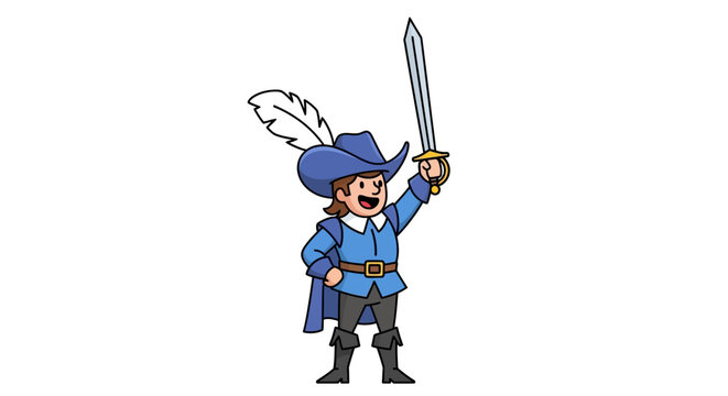 Cartoon brave musketeer raises his sword high in a celebratory gesture victoriously