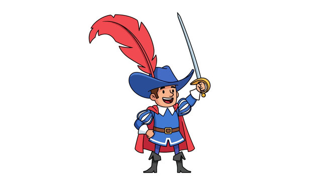 Cartoon gallant swordsman with plumed hat wielding a saber standing victoriously