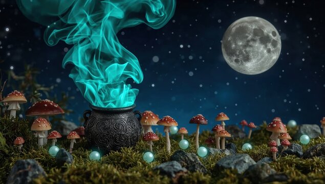 Magical cauldron with blue smoke among mushrooms under full moon in enchanted forest night