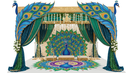 Peacock-themed indian wedding decoration featuring bright colors and traditional designs, ideal for ceremony backdrop, branding, or social media.