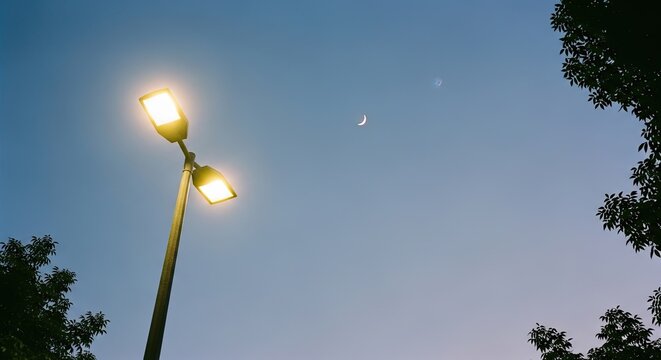 A glowing street lamp illuminates a serene twilight sky with a crescent moon and a distant planet visible, framed by dark tree silhouettes in a tranquil evening scene