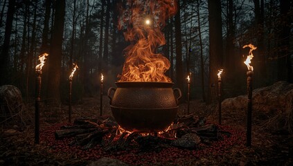 Mysterious cauldron surrounded by torches and flames in dark forest ritual setting at night with smoky atmosphere