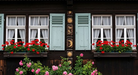 Fototapeta premium Charming facade of a rustic timber house with weathered shutters, carved sun and moon details, and window boxes blooming with red geraniums and pink roses