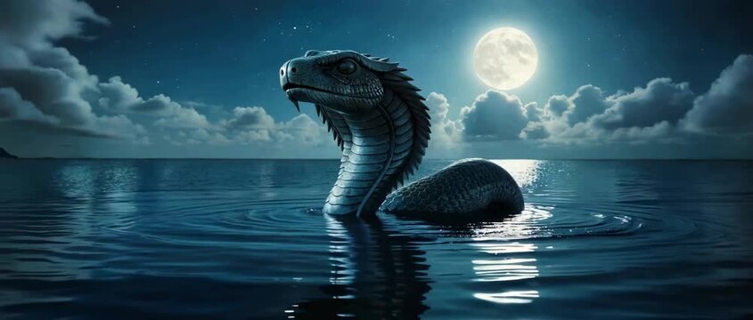 Giant mythical sea serpent monster emerging from the ocean at night under a full moon.