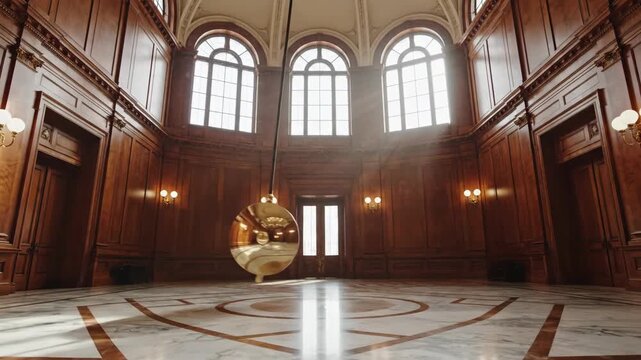 A large golden Foucault pendulum swings with rhythmic regularity in a grand architectural hall with arched windows and wood paneled walls