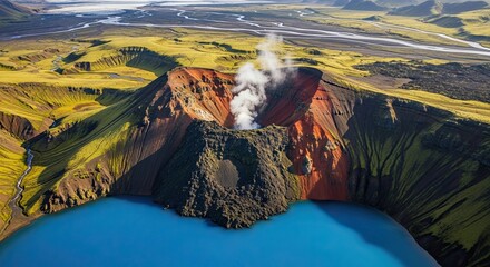 Majestic aerial panorama of a steaming volcano crater with colorful red slopes, a vivid blue lake, and a vast green highland valley with braided rivers in the background