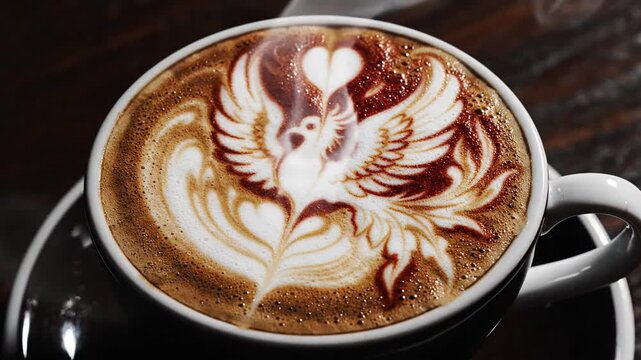 Close-up of a beautiful latte art featuring a phoenix design with a heart steam rising from the hot coffee in a white cup on a dark background.