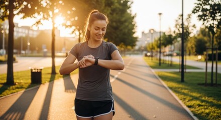 Woman Checking Smartwatch During Outdoor Run at Sunset.