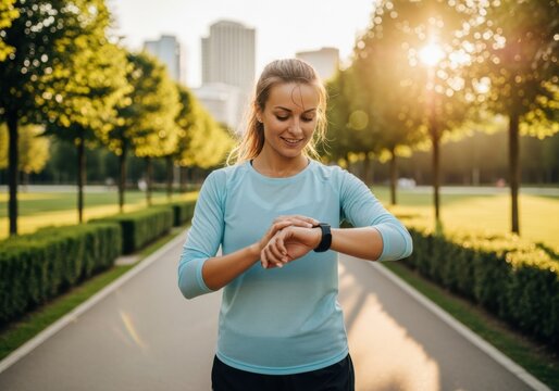 Woman checking fitness tracker during outdoor workout in park.
