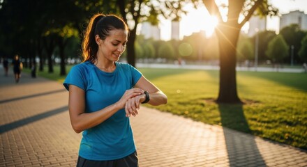 Woman Checking Smartwatch During Outdoor Workout at Sunset.