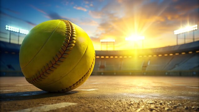 Close up of a yellow softball on a dirt field with stadium lights and a dramatic sunset sky in the background