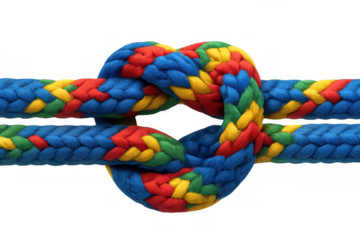 Colorful rope tied in a secure knot, symbolizing connection, unity, teamwork, and strong bonds on transparent background