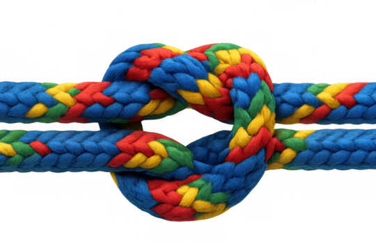 Colorful rope tied in a secure knot, symbolizing connection, unity, teamwork, and strong bonds on transparent background
