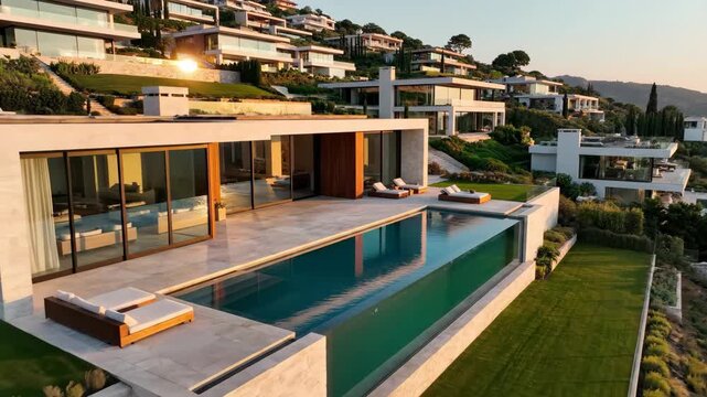 Luxury Homes on Hillside in Marbella With Swimming Pool at Sunset