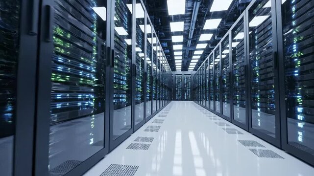 A long sterile corridor of illuminated server racks humming with latent technology in a modern data center