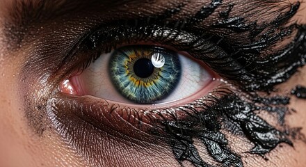 Extreme close-up of a beautiful blue and yellow eye with dramatic, wet-look black mascara and artistic glitter eyeshadow, representing a high-fashion beauty concept