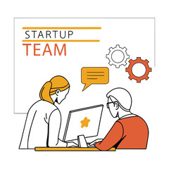 Startup team working on a new project isolated on two people are sitting at the table and looking at the computer screen with gears