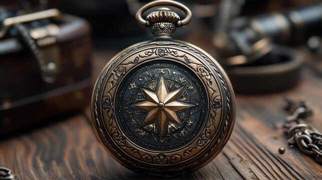Ornate Vintage Pocket Watch With Intricate Engravings And Starburst Emblem Resting On A Textured Wooden Surface With Subtle Focus On Aged Timepiece Details