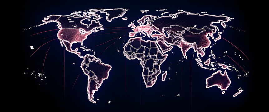 Abstract world map with glowing lines on a dark background, global network concept
