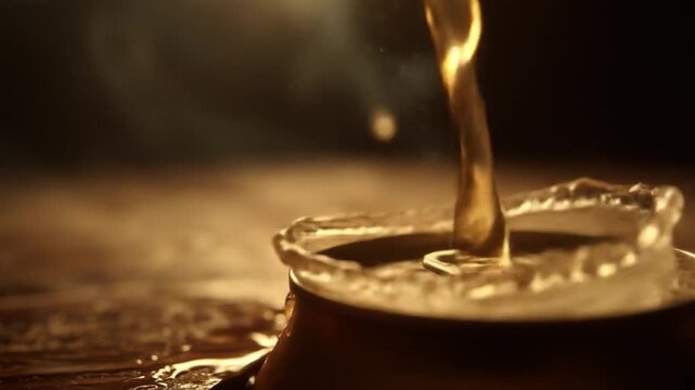 Liquid pouring into can close up dynamic studio shot for advertisement