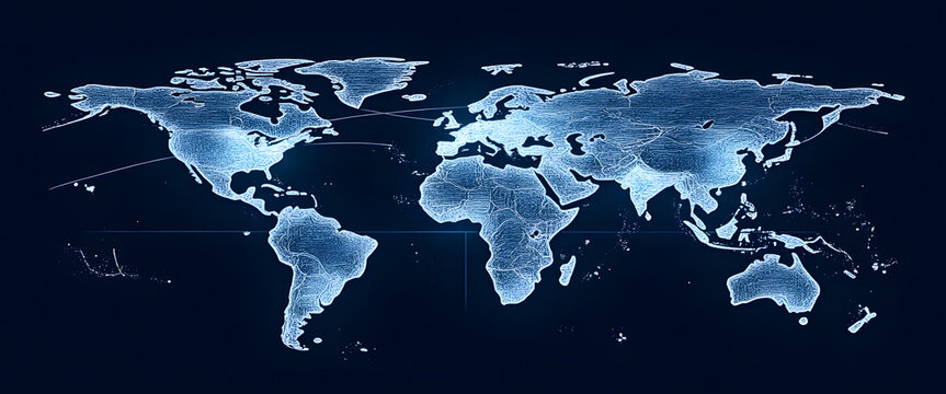 Abstract digital world map with glowing lines on a dark blue background