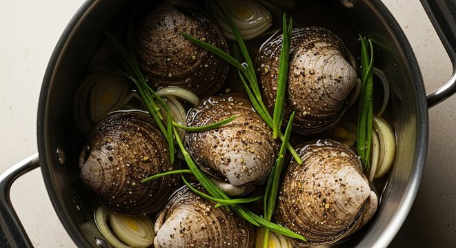 A close-up overhead shot of uncooked clams being prepared in a pot with broth, fresh scallions, sliced onions, and black pepper, showcasing a rustic gourmet seafood recipe