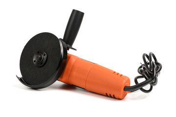 Powerful angle grinder with abrasive disk isolated on a white background.