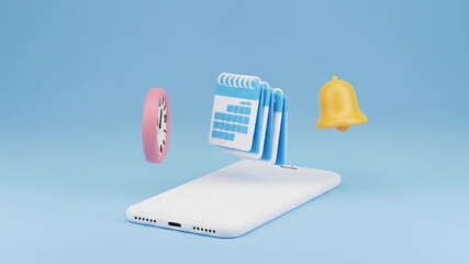 Efficient time management and digital organization illustrated with 3D calendar, clock, and notification bell icons interacting with a sleek smartphone interface