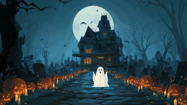 Spooky Haunted Mansion Scene With A Ghost And Jack O Lanterns Under A Full Moon In Pixel Art Style
