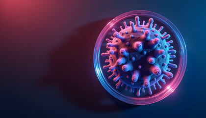 Conceptual illustration of a virus cell in a petri dish with neon lighting
