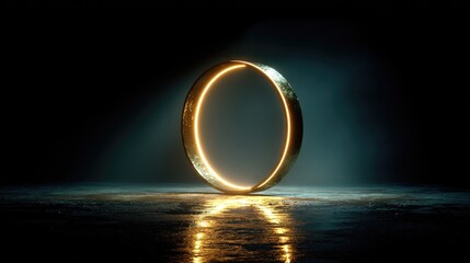 Floating Perfect Circle in Darkness with Radiant Light Reflections and Cosmic Minimalism
