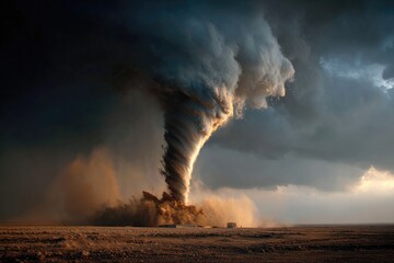 Massive Tornado Spiraling Across Barren Plain with Dark Storm Clouds and Flying Debris
