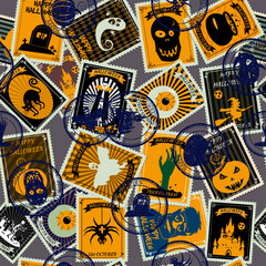 Seamless pattern Halloween old postage stamps, postal vintage