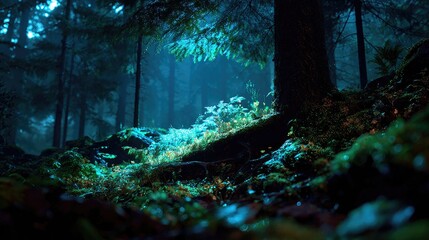 Ethereal Magical Woodland Featuring Towering Silhouettes and Surreal Bioluminescent Flora
