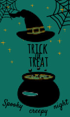 Trick or Treat Halloween party poster witch hat and cauldron
