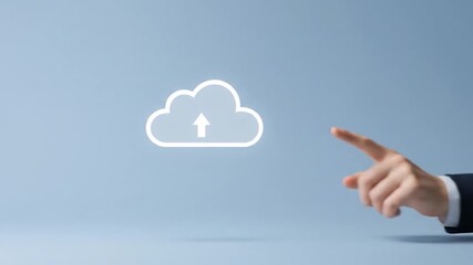 A hand, pointing toward a glowing cloud icon with an upward arrow, against a soft blue background, representing data upload - Powered by Adobe
