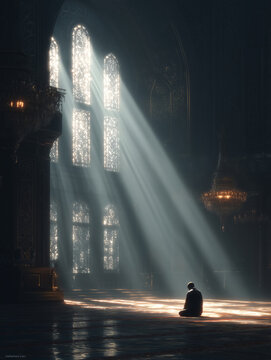 Man in sujood in a serene and sacred space illuminated by soft light