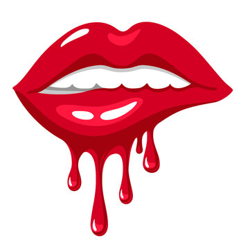 Red dripping girl lips with lipstick, gloss. Sexy female mouth with lipstick, gloss makeup. Melted Lip. Melted groovy lips love design. Red lip