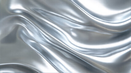Shimmering silver metallic surface, gracefully draped with soft, flowing waves and elegant folds, creating a luxurious, reflective, and dynamic abstract background texture.